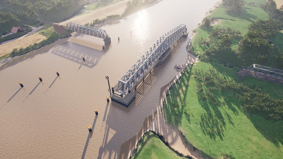 So soll die neue Friesenbrücke zwischen Hilkenborg und Weener nach ihrer Fertigstellung aussehen. © Animation: Eberhardt Ingenieure