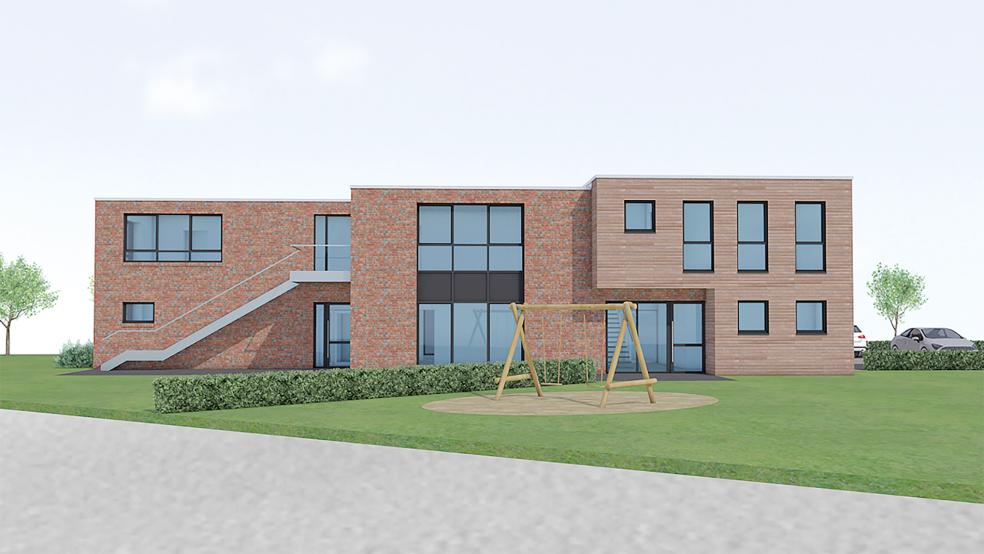So soll der Neubau der Kindertagesstätte »Tichelwark« zwischen dem Sanddornweg und der Jelsgaste in Tichelwarf vom Spielplatz aus gesehen aussehen.  © Grafik: 3D-Architekturwerkstatt