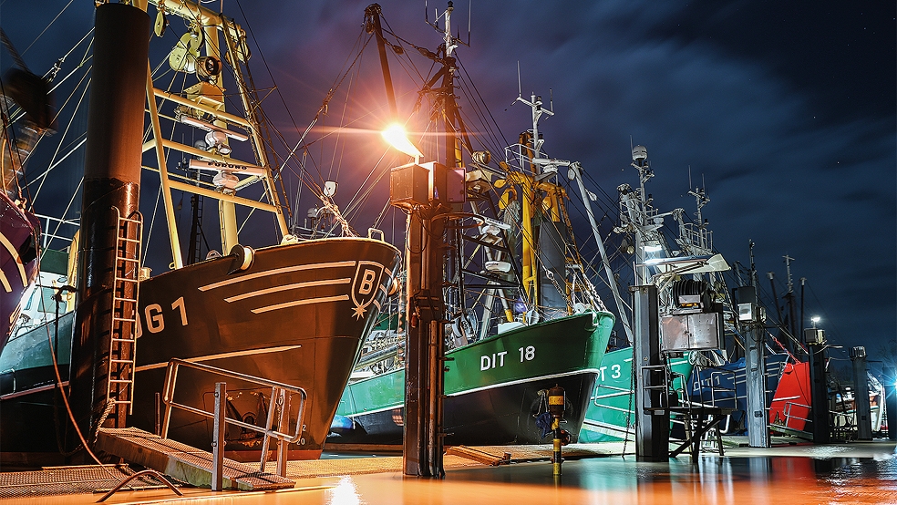 Abendstimmung im Ditzumer Hafen. Von hier aus brechen sechs Krabbenfischer mit ihren Kuttern regelmäßig zu Fangreisen in die Nordsee auf.  © Foto: dpa/Penning