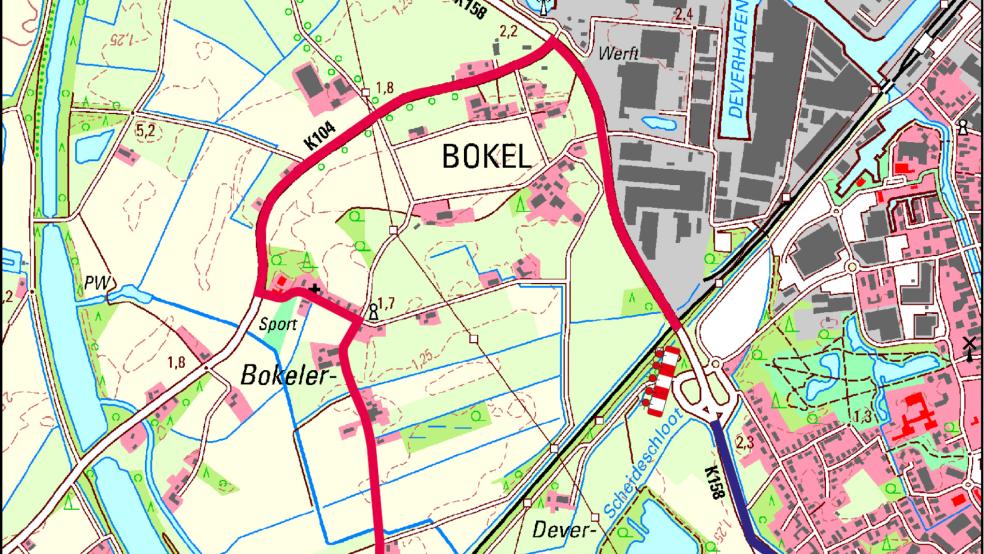 Die beigefügte Grafik zeigt die Umfahrungsstrecken auf, die wegen des Baus der neuen Brücke im Zuge der Rheiderlandstraße eingerichtet werden müssen.  © Landkreis Emsland