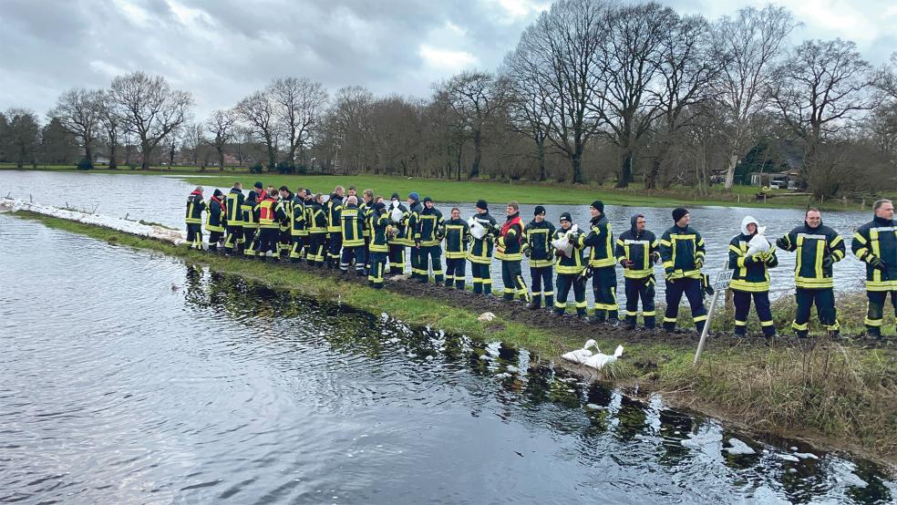 Die Einsatzkräfte sichern den Deich in Langholt. Das Feld im Hintergrund ist bereits überschwemmt  © Foto: Hellmers/Archiv