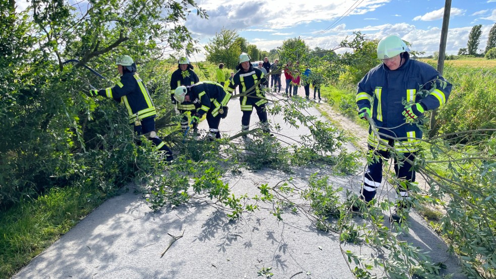 Gleich vier Mal musste die Feuerwehr am Samstag in die Erbsenbindereistraße in Upleward ausrücken, um Sturmschäden zu beseitigen. © Kilian Peters (Feuerwehr)