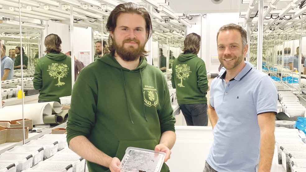 Richard Barelds (links) und sein Mentor Dr. Casper van der Kooi mit 40 Schnecken im Institut für evolutionäre Biowissenschaft der Universität Groningen.  © Foto: Kuper