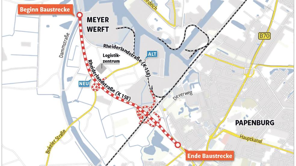 Der Plan zur Verlegung der Rheiderlandstraße (K158) in Papenburg.  © Grafik: Heiner Wittwer/NOZ