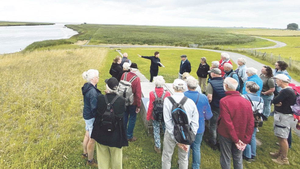 Unter grauen Wolken und mit Blick auf den Dollart lauschen die Teilnehmer des »Spaziergangs« in Nieuwe Statenzijl den Worten von Willeke Bergman vom Wasserverband »Hunze en Aa’s«.  © Fotos: Kuper
