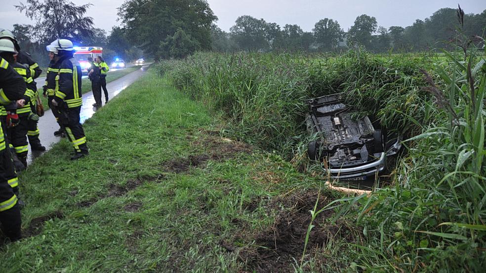 Das Auto landete auf dem Dach. Der junge Mann musste von den Rettungskräften daraus befreit werden. © Foto: Wolters