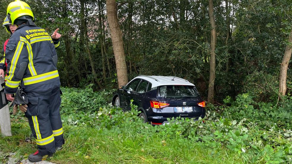 Der Pkw kam nach der Kollision mit einem umgestürzten Baum in einem Graben zum Stillstand. © Justin Herzig (Feuerwehr)