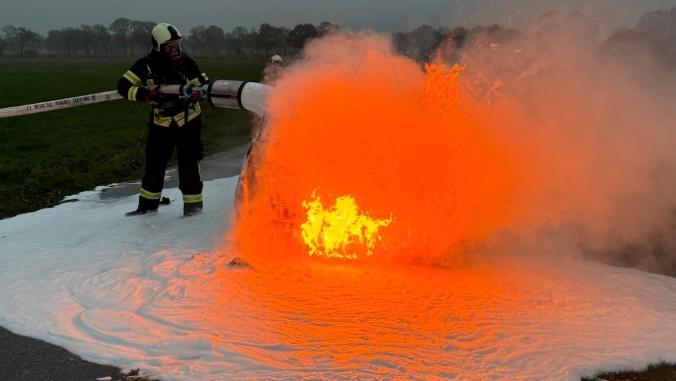 Lichterloh in Flammen stand der Pkw, als die Feuerwehr anrückte. © Diana Stöhr-Aeilts (Feuerwehr)