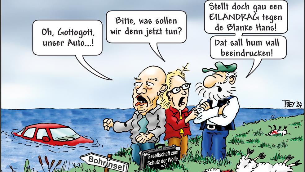 Wolfschutz geht vor Deichschutz? So kann man den Beschluss des Verwaltungsgerichts Oldenburg interpretieren, der dem Einspruch der »Gesellschaft zum Schutz der Wölfe e.V.« stattgegeben hat. RZ-Karikaturist Thomas Trey hat das mit spitzer Feder in Szene gesetzt.  © RZ-Karikatur: Thomas Trey