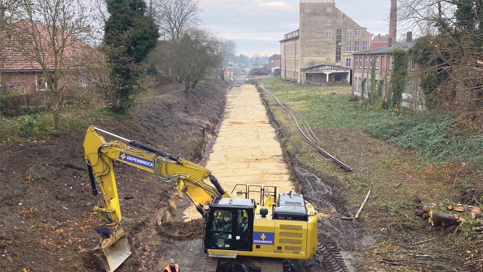 Der Untergrund der Bahnstrecke bei Weener wird stabilisiert, um schnelleren Zugverkehr zu ermöglichen.  © Foto: Hanken