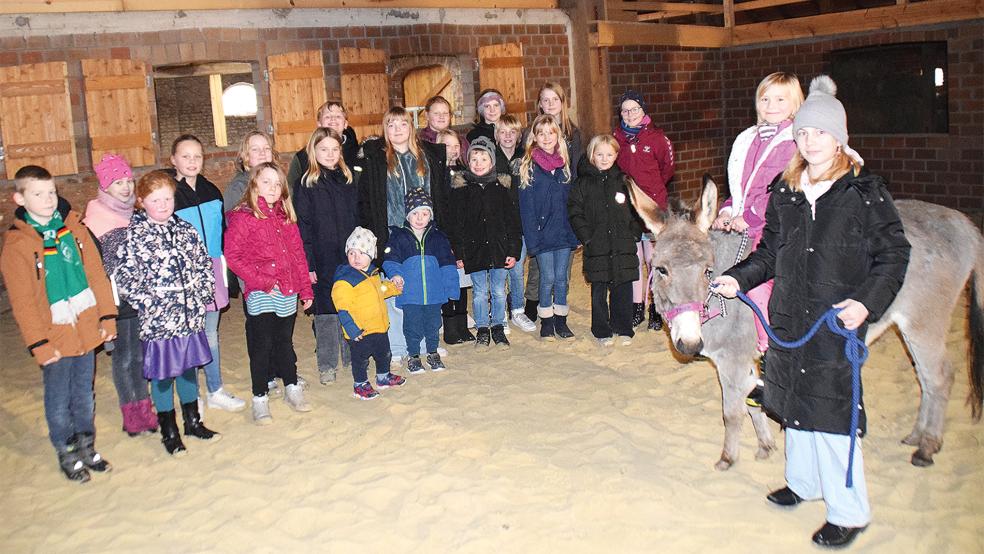 Eselin Finja spielt im Wymeester Krippenspiel am vierten Advent die Hauptrolle. Vor Kurzem gab es das erste Treffen mit ihren kleinen Co-Darstellern. Es war Liebe auf den ersten Blick.  © Foto: Himstedt