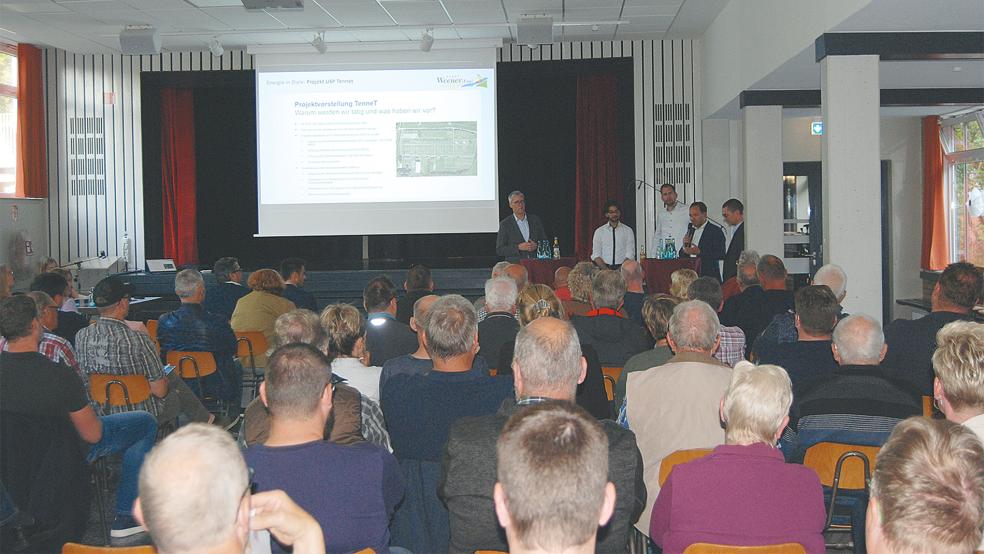 Rund 60 Zuhörer verfolgten in der Aula der Grundschule in Stapelmoor die Vorstellung der Projekte für das Umspannwerk in Diele und für die beiden Batteriespeicher.  © Foto: Hoegen