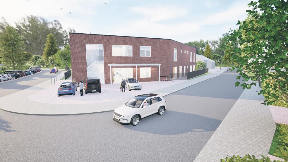 So soll die betriebseigene Kita am Marker Weg von der Kreuzstraße aus aussehen.  © Visualisierung: Ingenieurbüro Heine