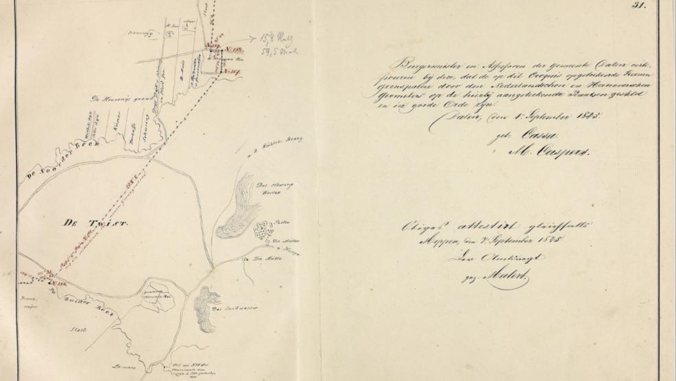 Vier Regierungsvertreter der Niederlande und drei aus dem Königreich Hannover hatten sich am 2. Juli 1824 zur Unterzeichnung des Vertrags in Meppen getroffen. © Foto: Niedersächsisches Landesarchiv