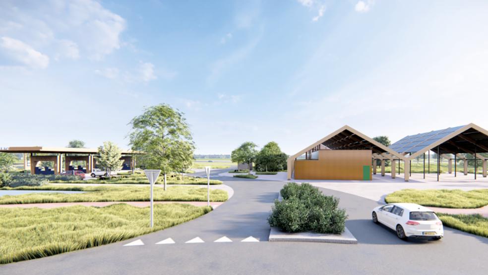 Tanken, Laden, Essen, Einkaufen und Wohlfühlen – all das ist für das geplante TanQyou-Transferium bei Winschoten vorgesehen.  © Visualisierung: TanQyou/JOUS Architecten