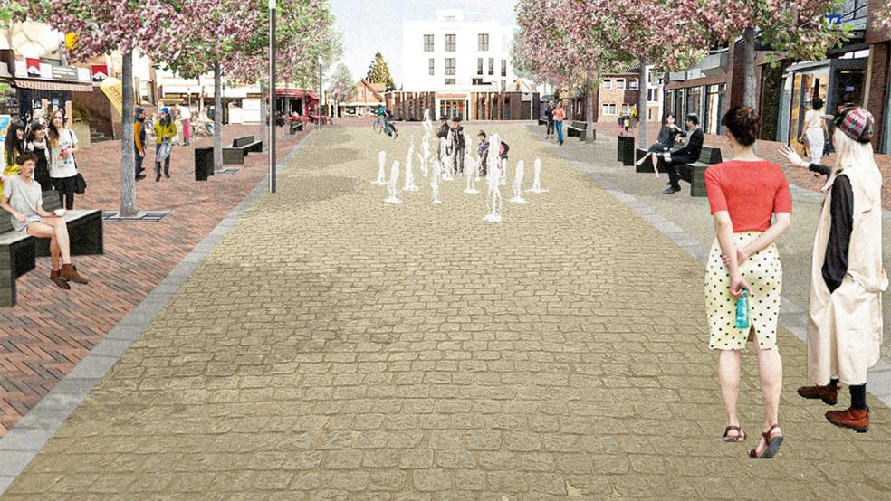 Diese Grafik zeigt einen beispielhaften Blick auf den zentralen Platzbereich nach der Bauphase.  © Grafik: Stadt Papenburg
