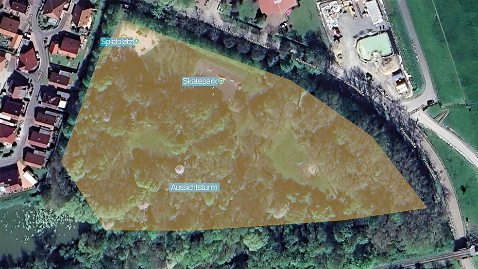 Auf diesem Luftbild kann man erkennen, welche Bereiche rund um den »Monte Teichmann« beplant werden sollen. Eine Online-Umfrage der Stadt Weener ist nun der erste Schritt dazu.  © Grafik: Stadt Weener