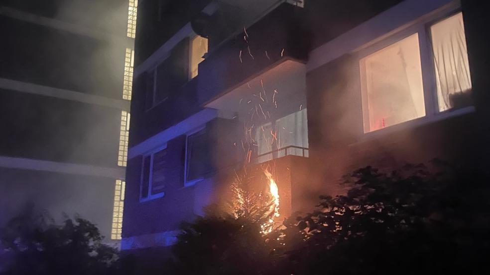 Die Flammen schlugen durch das Kellerfenster und setzten das Gebüsch in Brand. © Foto: Feuerwehr