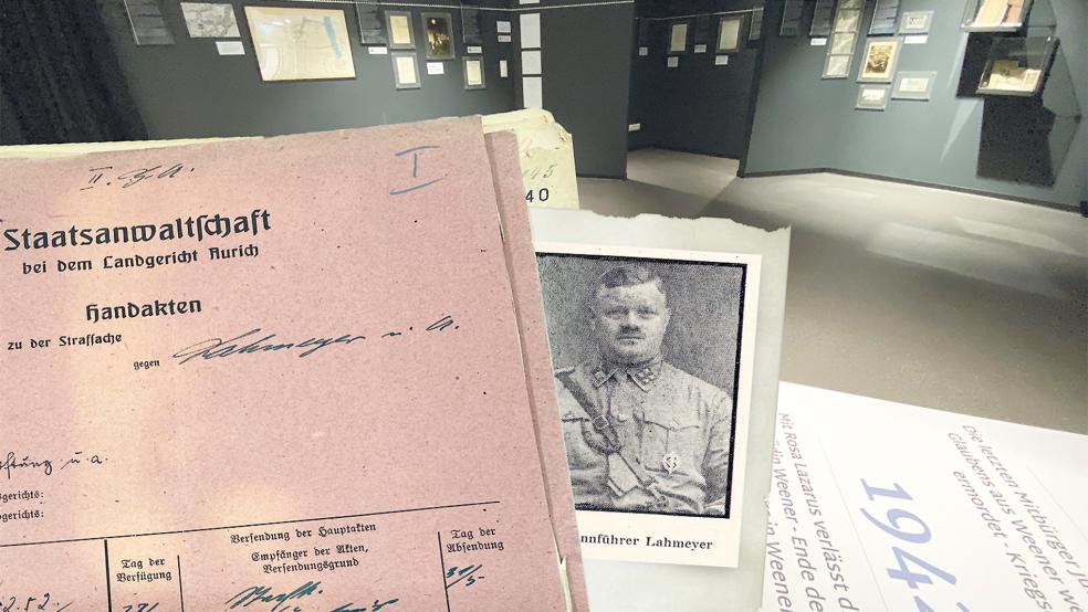 Als SA-Chef koordinierte Jan Lahmeyer die Aktionen gegen die jüdische Bevölkerung in der Pogromnacht 1938. Später stand er dafür vor Gericht. Der Synogenbrand ist auch Thema in der neuen Begegnungsstätte Weener.  © Fotos: Hanken, Collage: Carola Dams-Ostendorp