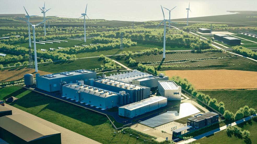 Eine Visualisierung der technischen Anlagen, die von der EWE in Emden gebaut werden: Dort wird ab 2027 grüner Wasserstoff im industriellen Maßstab erzeugt. © Graphik: EWE