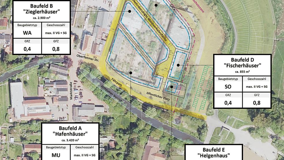Die »Ziegeleistadt« ist in fünf Baufelder aufgeteilt. Die Grafik zeigt auch, wo eine verkehrsberuhigte Straße verlaufen soll und wo ein öffentlicher Platz vorgesehen ist.  © Grafik: Gemeinde Jemgum