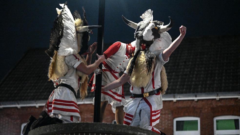 Das große Finale, die Klaasohms und das Wiefke besteigen die Litfaßsäule und springen in die Menschenmenge.  © dpa/Penning