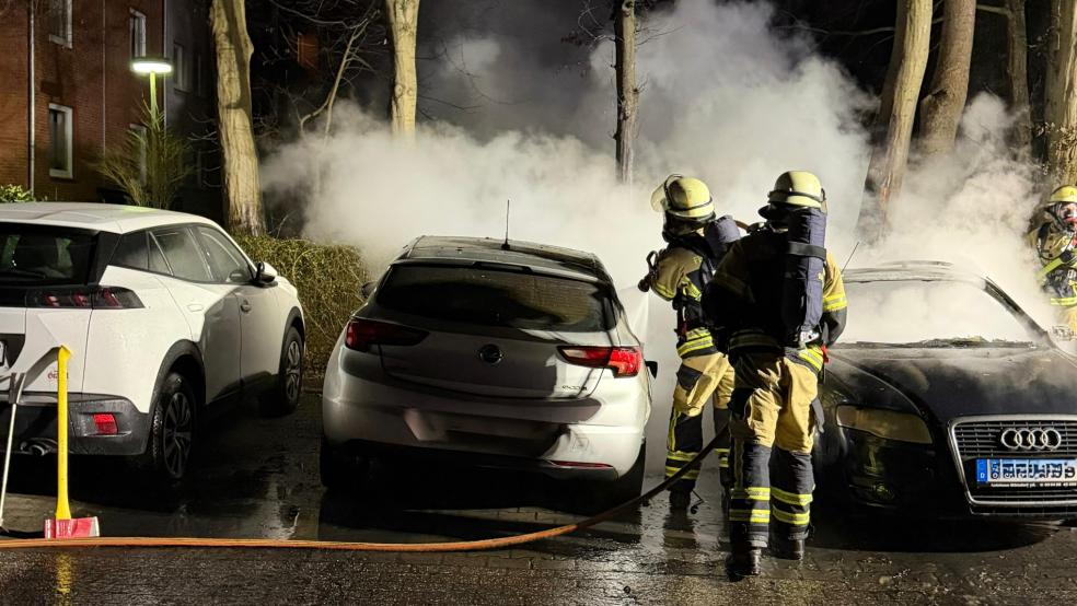 Ein geparkter Audi ging in den Flammen auf, ein daneben stehender Opel wurde beschädigt. © Feuerwehr