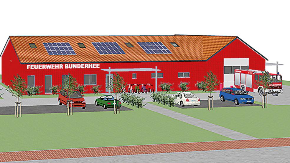 So könnte das neue Feuerwehrhaus in Bunderhee aussehen, wenn es fertiggestellt wurde.  © Visualisierung: Architekturbüro Klein