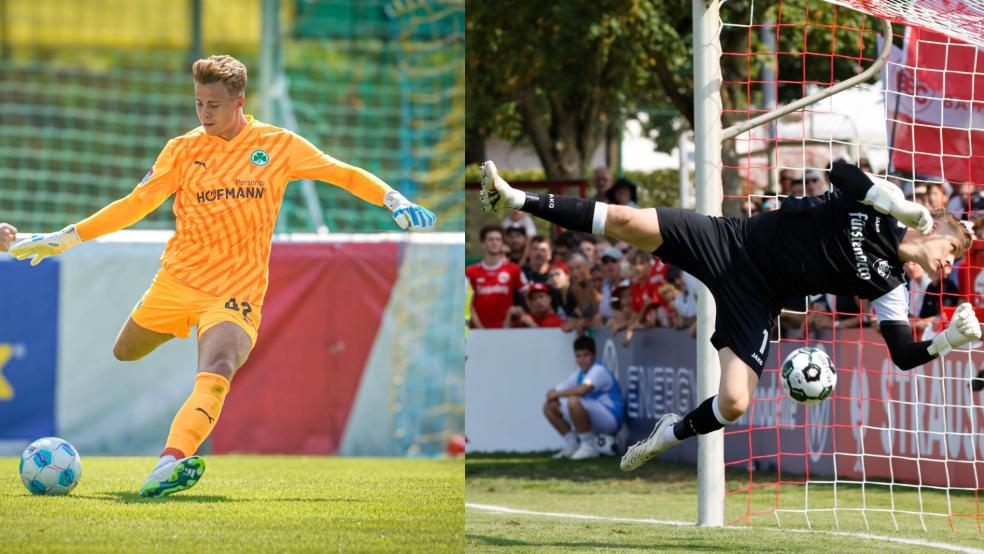 Moritz Schulze (gelbes Trikot) kam im Dezember 2024 und Januar 2025 dreimal in der zweiten Liga zum Einsatz. Luca Petzold (rechts) - hier für den Bahlinger SC im DFB-Pokal gegen Heidenheim im Einsatz - stammt aus Bamberg. © dpa
