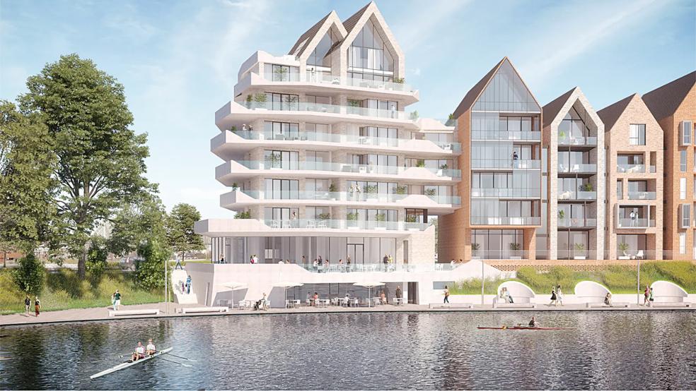 Diesen Teil des Gebäude-Ensembles auf Seite der Ledastraße hat das Bauunternehmen Terfehr von Leda Immobilien übernommen.  © Visualisierung: Eden Architekten GmbH