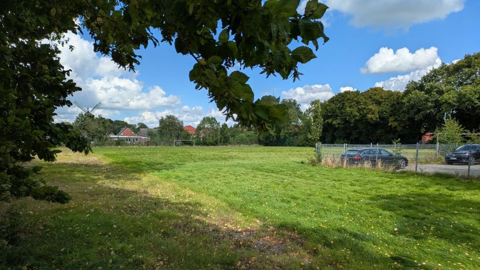 Auf einem Teil der Grünfläche zwischen der Carl-Goerdeler-Schule und dem Bauhofbereich soll die Turnhalle entstehen. Der dortige Sportplatz bliebe zu einem Großteil erhalten, so Bürgermeister Heikens. © Archivfoto: Szyska