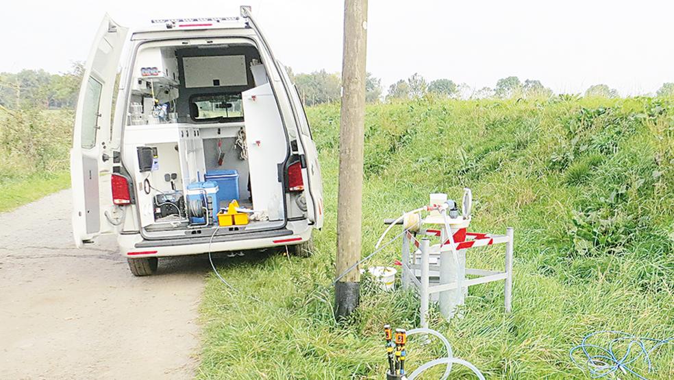Probenahme an einer Grundwassermessstelle in Stapelmoor im Rheiderland im September 2025: Das Grundwasser wird mithilfe eines Pumpsystems an die Oberfläche befördert, wo es eine Messzelle mit integrierten Messsonden durchströmt. Die Sonden messen unter anderem die Temperatur des unbeeinflussten Grundwassers.  © Foto: NLWKN