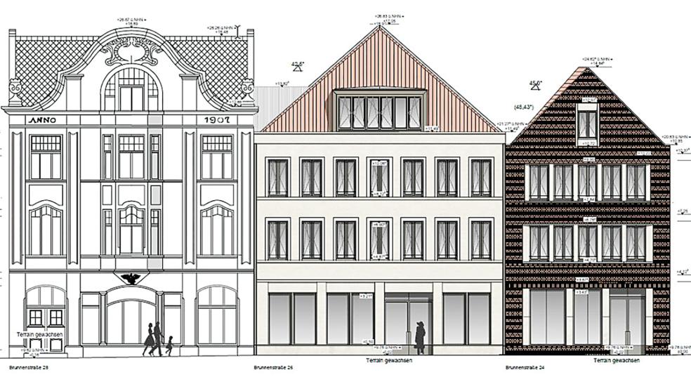 Dieses Bild sollen die Häuser Brunnenstraße 28, 26 und 24 nach Abschluss der Bauarbeiten 2028 bieten.  © Graphik: OVB