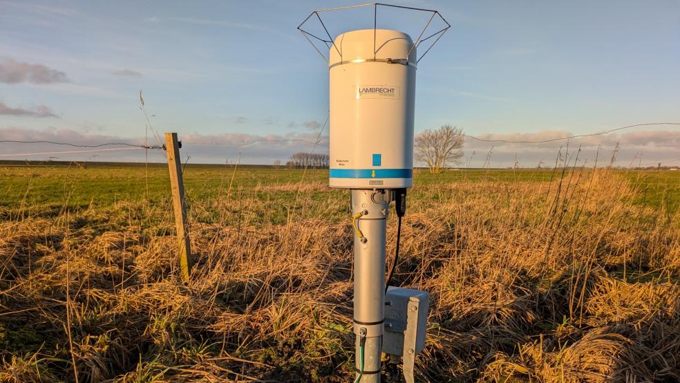 »Es muss eine Stelle ohne Schatten sein«, sagt Mena Janssen zum Standort der automatischen Anlage, die der Deutsche Wetterdienst im August 2015 hinter dem Hof in Kanalpolder aufgestellt hat. © Foto: Szyska