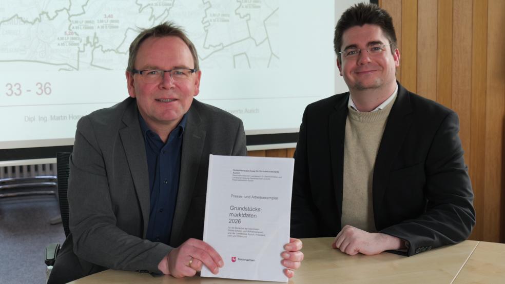 Der Vorsitzende des Gutachterausschusses Martin Homes (links) und sein Stellvertreter Philipp Rulf haben die aktuellen Zahlen für Ostfriesland gesammelt.  © Foto: Jürgens