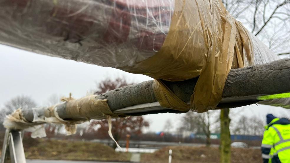 Bei diesem Pritschenwagen waren die beiden geladenen Segelmasten lediglich mit Klebeband gesichert. Die Polizei untersagte dem Fahrer die Weiterfahrt.  © Polizei