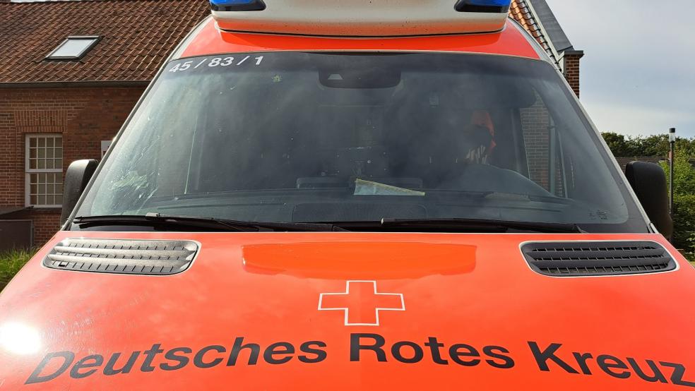 Mit einer Drehleiter haben Feuerwehrleute einen Patienten aus dem ersten Obergeschoss eines Hauses mit einer Schleifkorbtrage bis vor das Haus transportiert. Dort übernahm ein Rettungwagen den weiteren Transport des Patienten. © Szyska