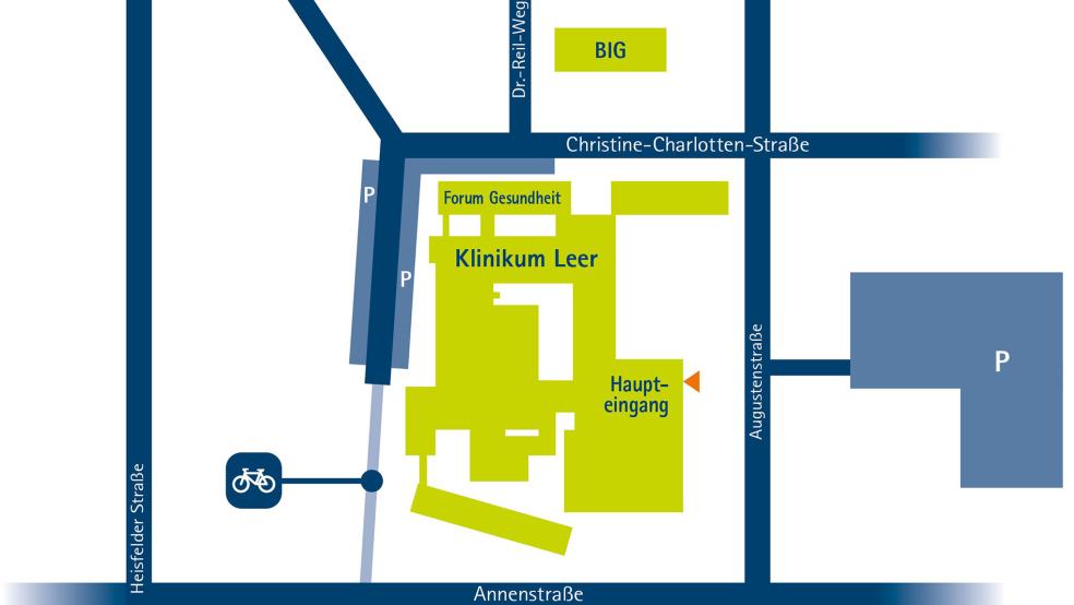 Diese Grafik zeigt, wo sich der Übergangsparkplatz (rechts) befindet.  © Grafik: Klinikum Leer