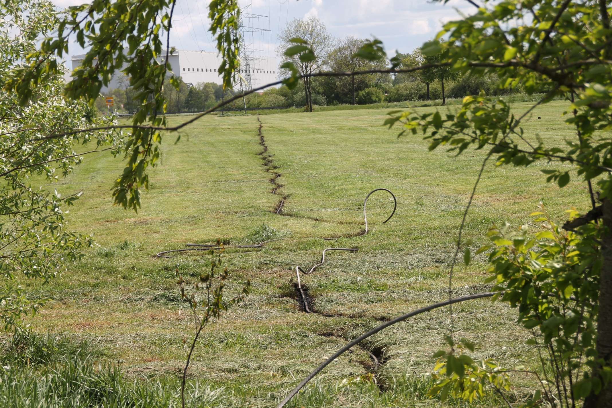 Die herabgefallene Leitung hat eine Schneise in ein Feld gebrannt. © J. Rand/Feuerwehr