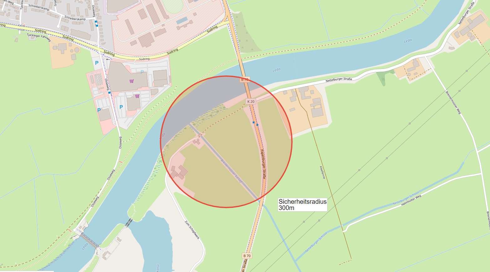 Der Sicherheitsradius rund um den Ort der gefundenen Panzermine. © Stadt Leer