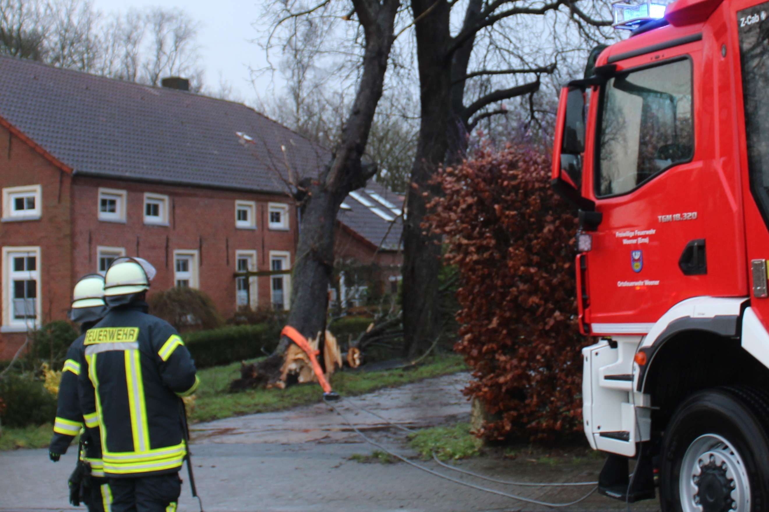 Der abgebrochene Baum wurde mit der Seilwinde des Hilfeleistungslöschgruppenfahrzeugs HLF 20 der Feuerwehr Weener aus der gefährlichen Schräglage entfernt und somit war die Gefahrenquelle beseitigt. © Rand (Feuerwehr Weener)