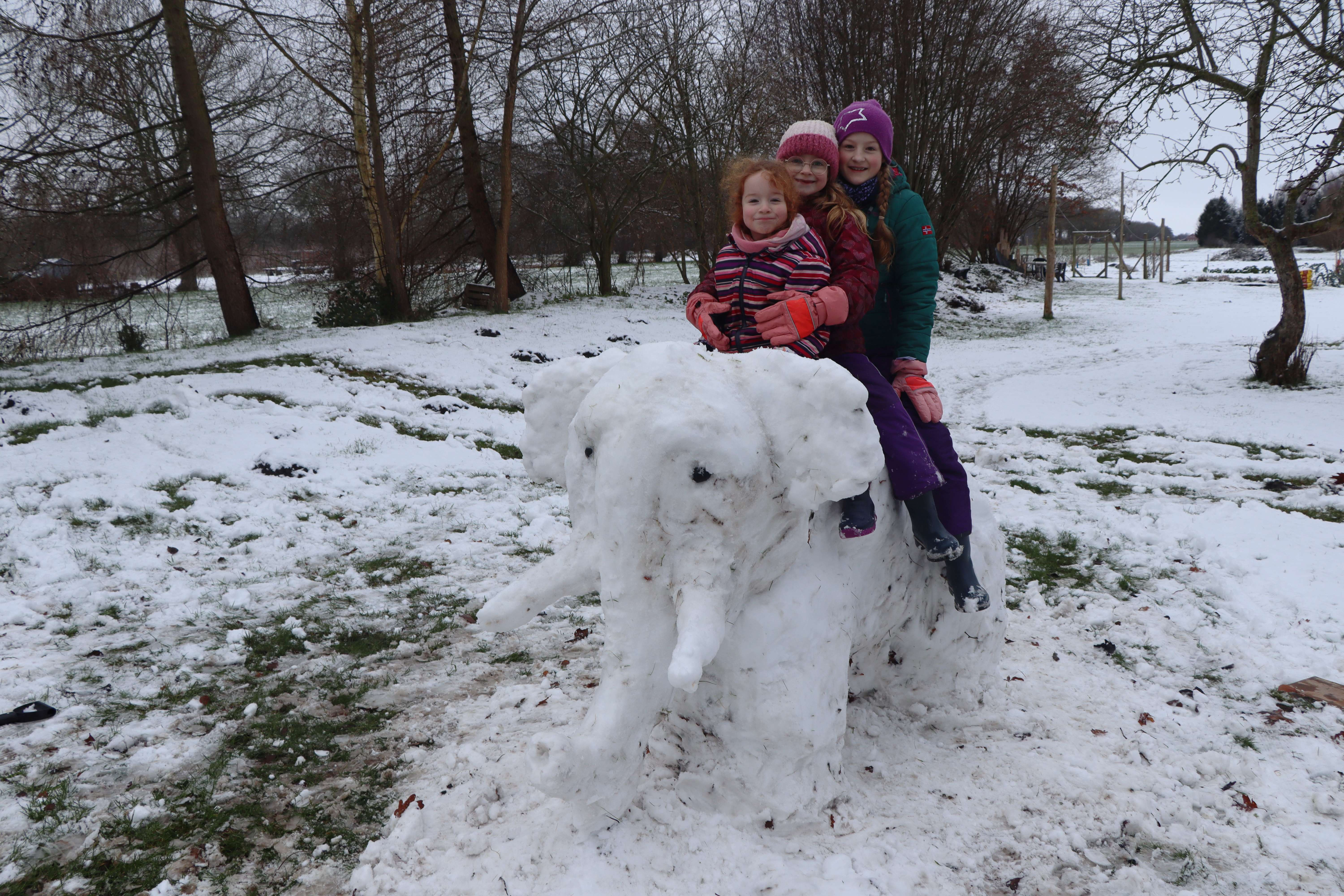 Michael Swart aus Holthusen war besonders kreativ. Er hat mit seinen Kindern Salome (4), Kezia (8) und Luisa (10) einen Schnee-Elefanten im Garten gebaut. © privat